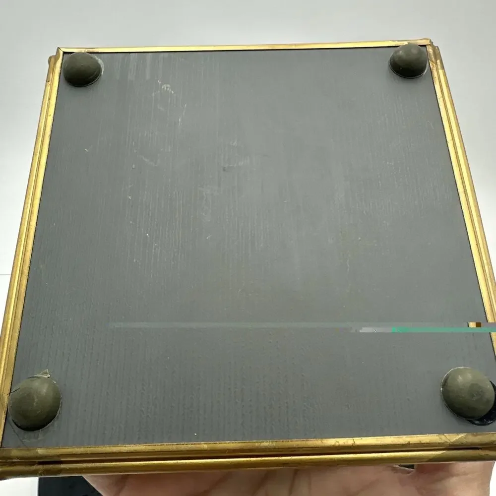 Vintage Glass Brass Trinket Box Etched Frosted Glass
